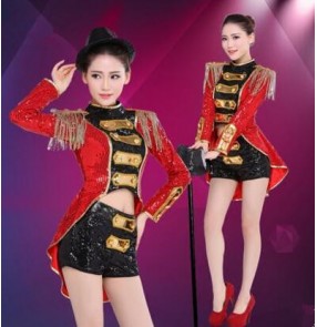 Black red gold patchwork sequins paillette women's ladies female long sleeves vintage Europe style tuxedo club party  modern dance jazz ds singer performance dancing outfits costumes 